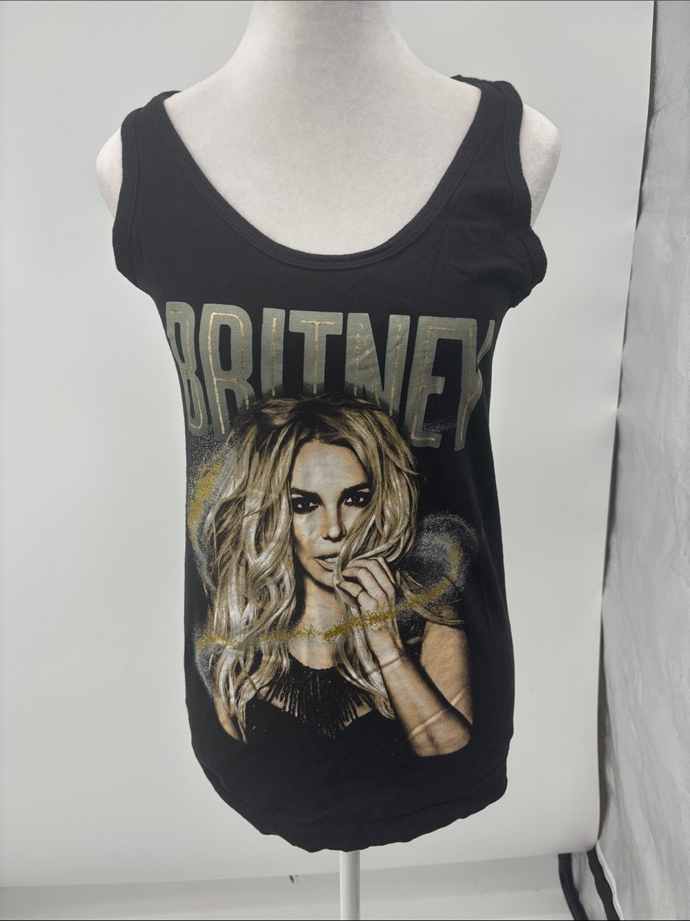 Black Graphic Britney Tank Top with Metallic Gold Accents